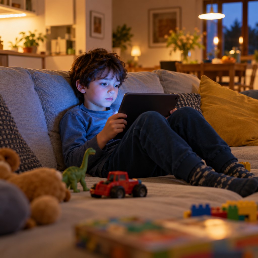 Bambino sul divano davanti al tablet