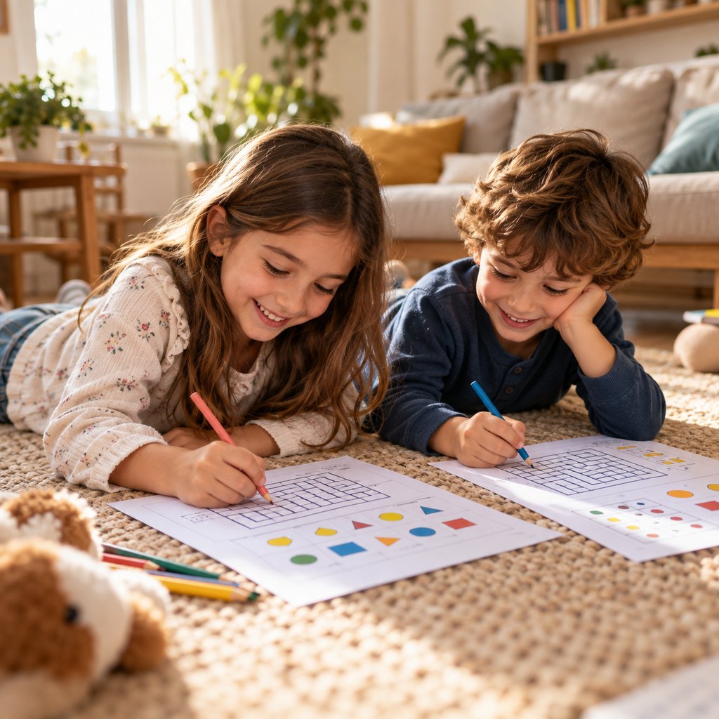 Fratello e sorella concentrati sui giochi stampati