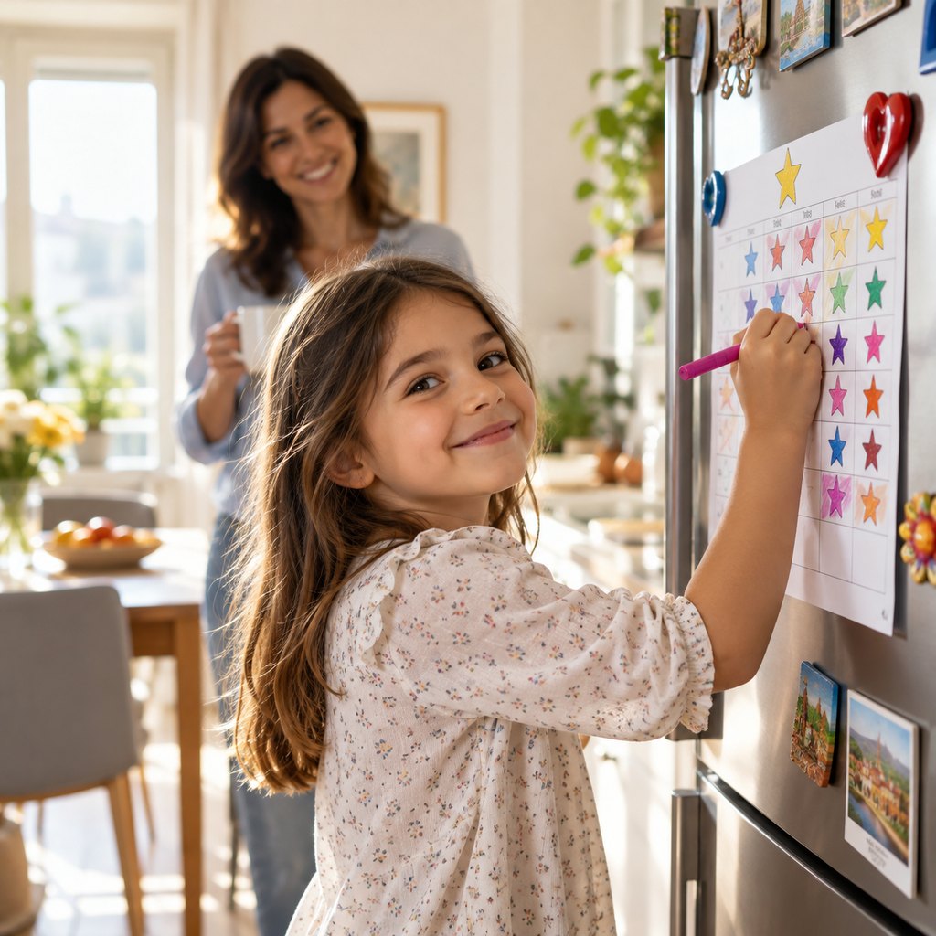 Bambina colora le stelle sul piano attaccato al frigo