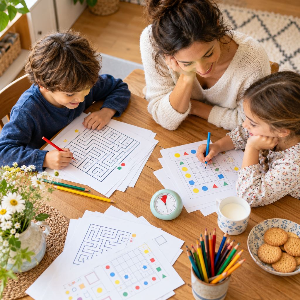 Fratelli al tavolo con i giochi stampati